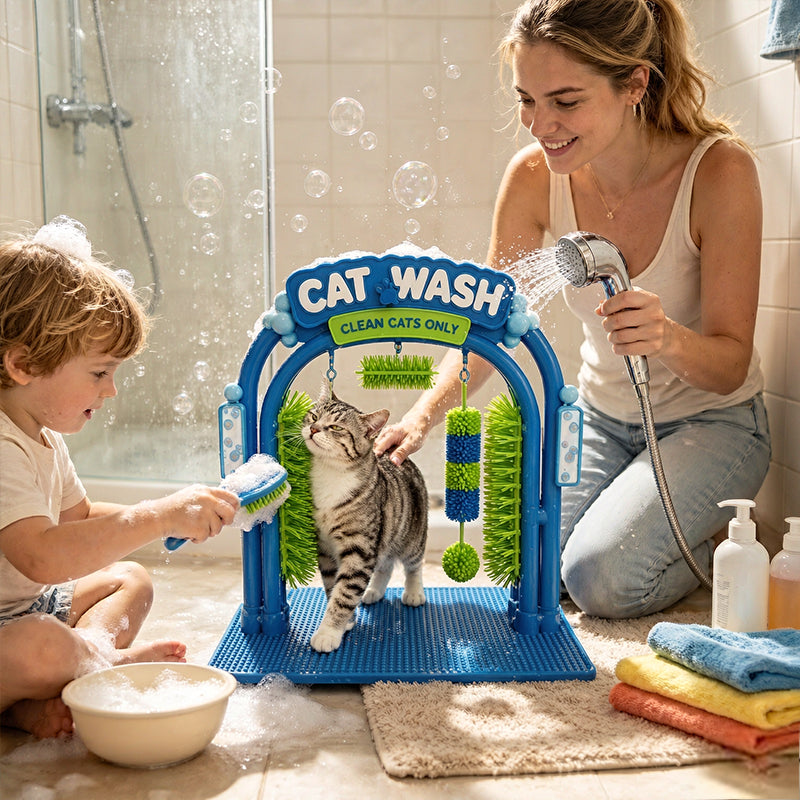 Cat Shampoo Massage Brush Arch – Self Grooming Bathing Scratcher Station with Soft Bristles, Cat Bath Spa Toy