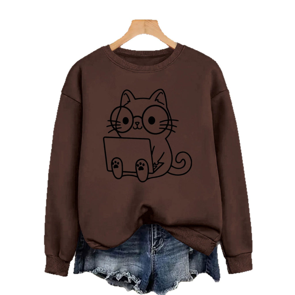 Loose velvet cartoon cat print hoodie
