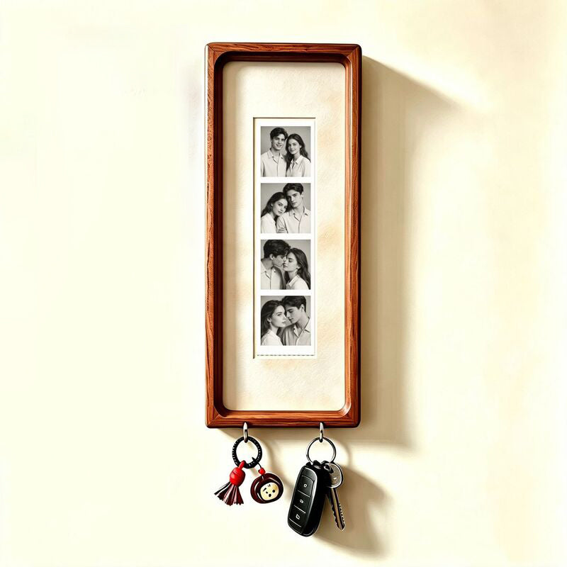 Wooden Couple Photo Frame with Key Hooks – Wall Hanging Picture Frame, Vintage Stripes Key Rack, Anniversary Gift