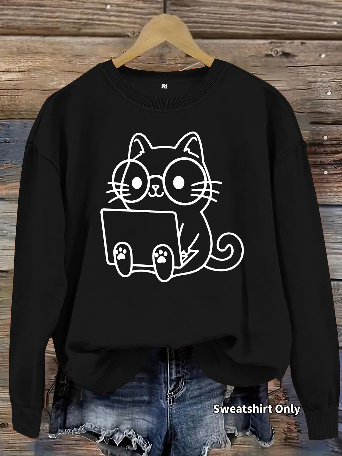 Loose velvet cartoon cat print hoodie