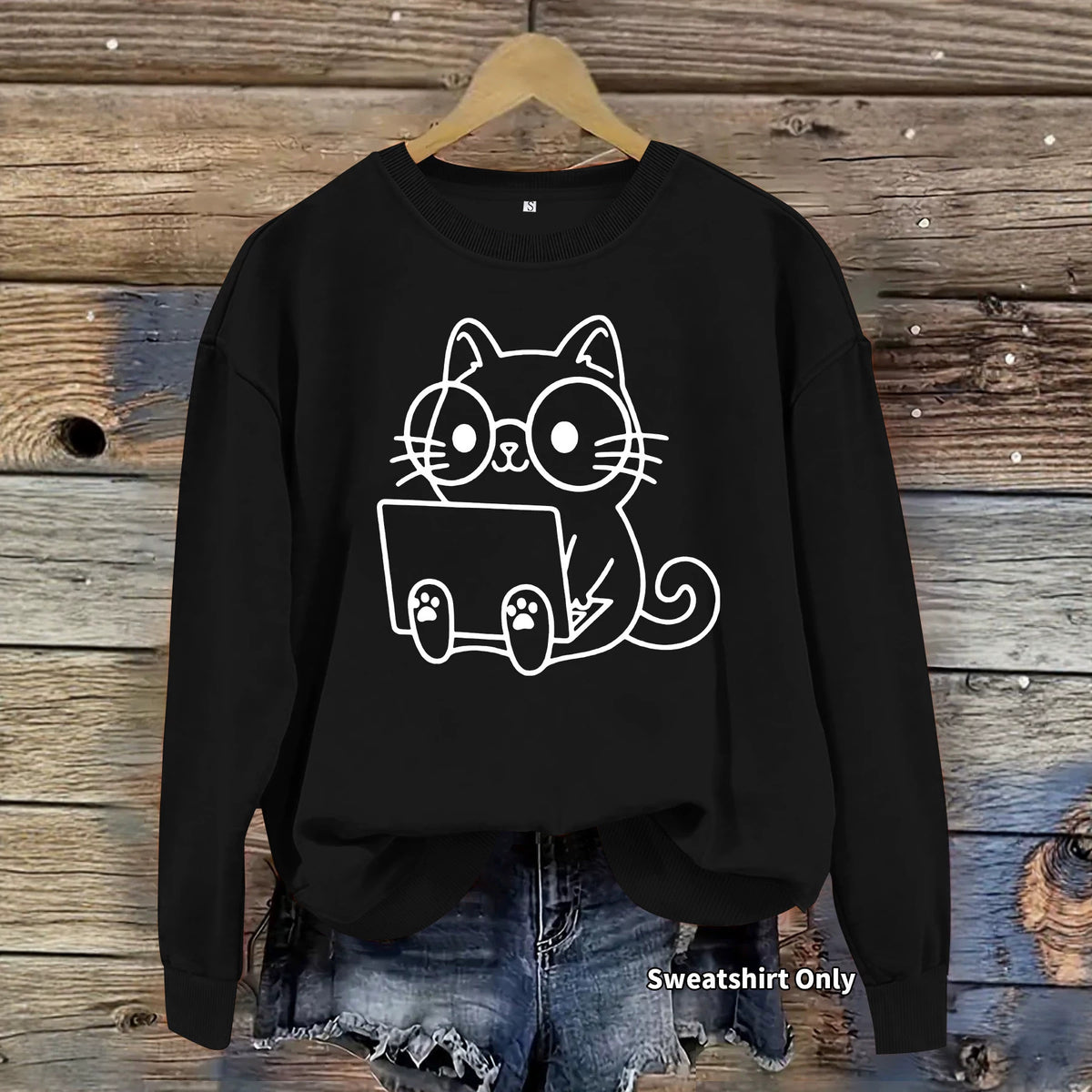 Loose velvet cartoon cat print hoodie