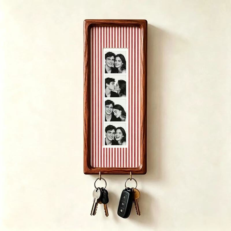 Wooden Couple Photo Frame with Key Hooks – Wall Hanging Picture Frame, Vintage Stripes Key Rack, Anniversary Gift