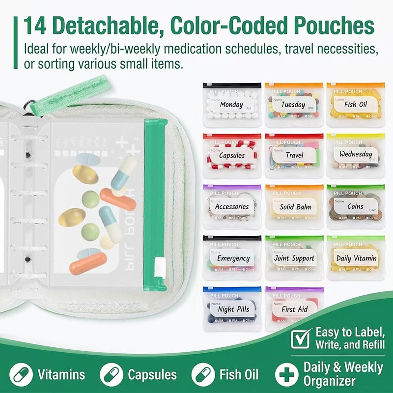 BPA-Free Color-Coded Pill Organizer – Waterproof Zipper Case, 7/14 Compartments