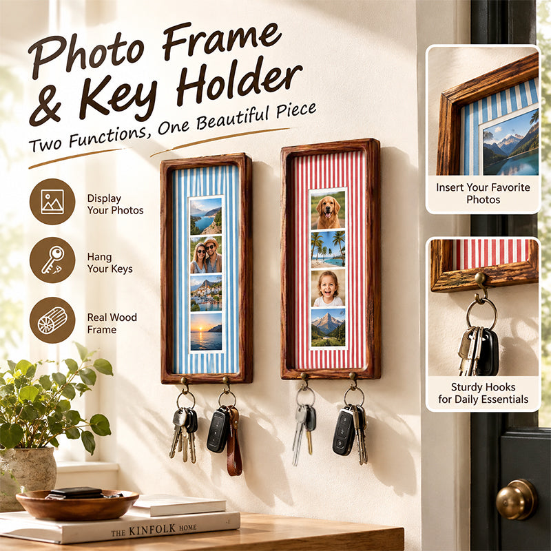 Wooden Couple Photo Frame with Key Hooks – Wall Hanging Picture Frame, Vintage Stripes Key Rack, Anniversary Gift