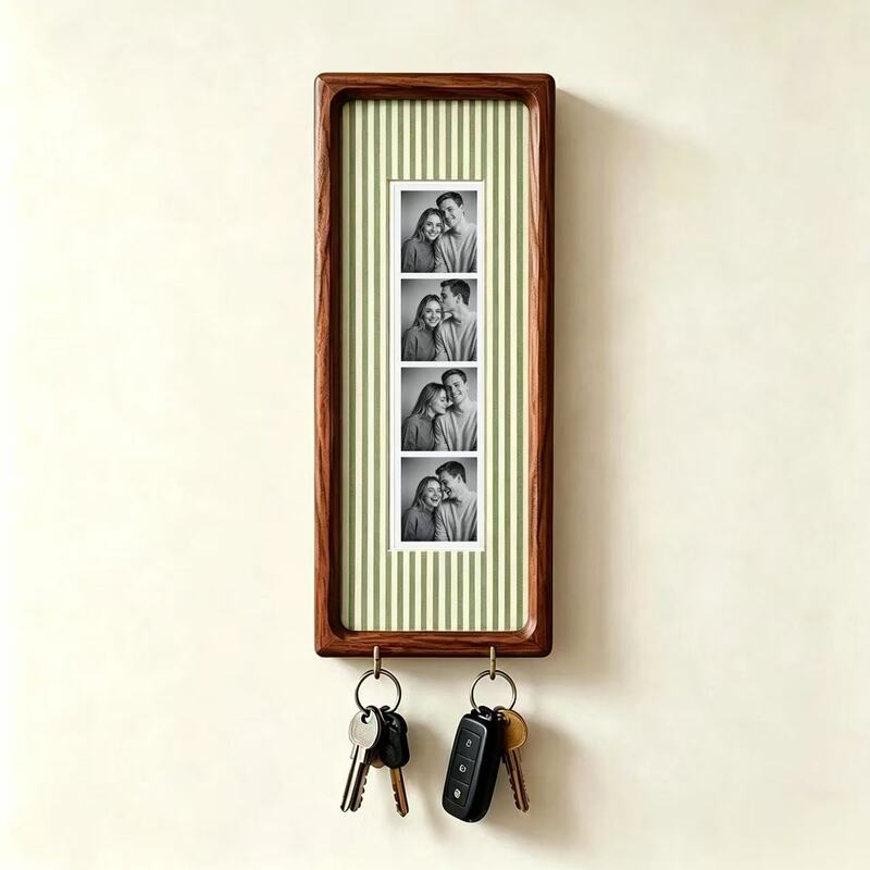 Wooden Couple Photo Frame with Key Hooks – Wall Hanging Picture Frame, Vintage Stripes Key Rack, Anniversary Gift