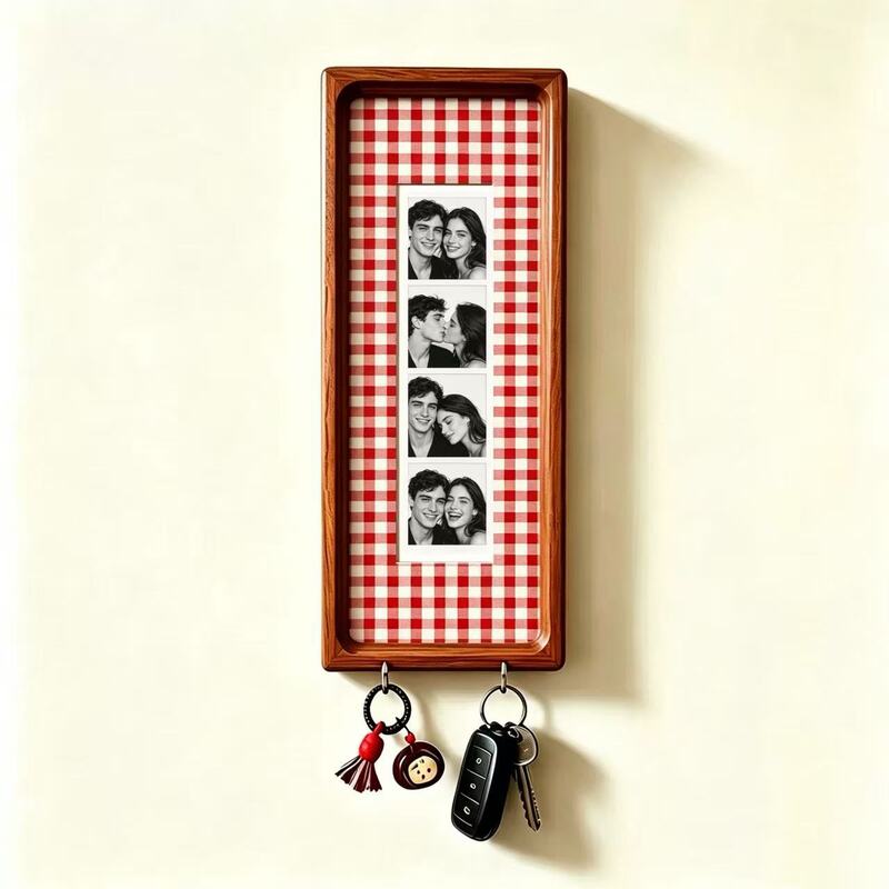 Wooden Couple Photo Frame with Key Hooks – Wall Hanging Picture Frame, Vintage Stripes Key Rack, Anniversary Gift