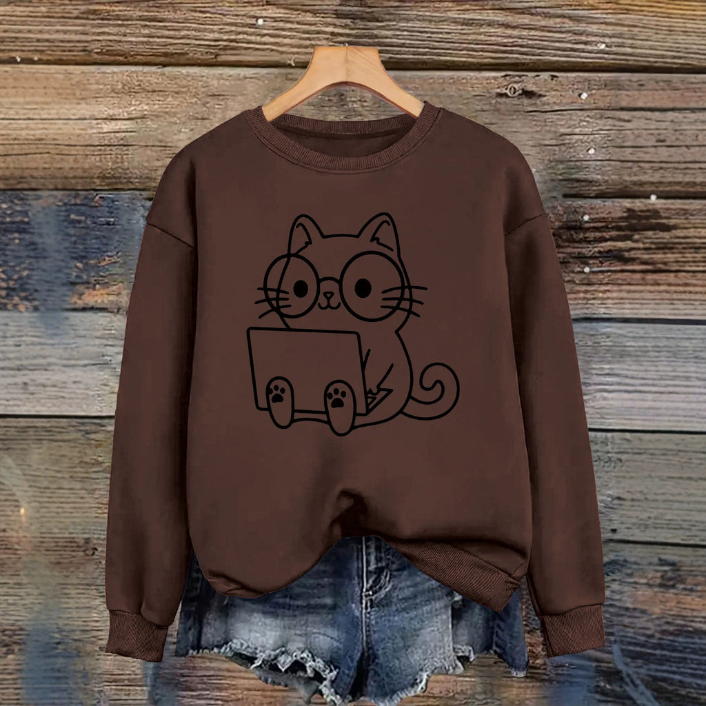 Loose velvet cartoon cat print hoodie