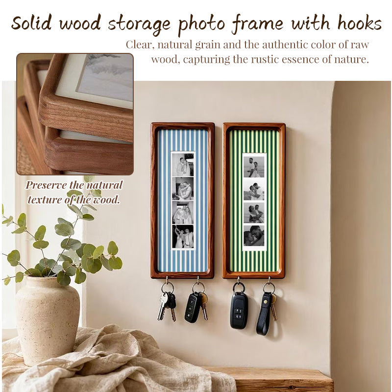 Wooden Couple Photo Frame with Key Hooks – Wall Hanging Picture Frame, Vintage Stripes Key Rack, Anniversary Gift