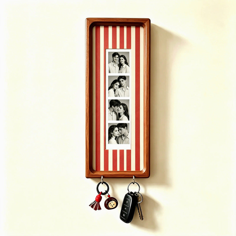 Wooden Couple Photo Frame with Key Hooks – Wall Hanging Picture Frame, Vintage Stripes Key Rack, Anniversary Gift
