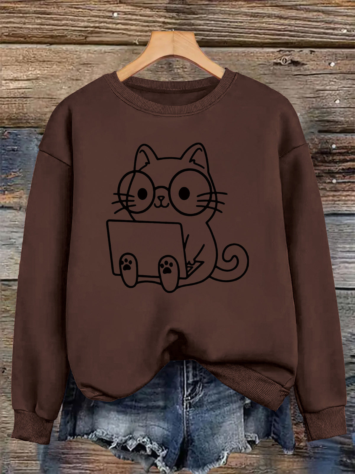 Loose velvet cartoon cat print hoodie