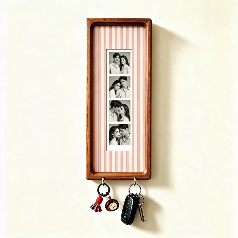 Wooden Couple Photo Frame with Key Hooks – Wall Hanging Picture Frame, Vintage Stripes Key Rack, Anniversary Gift