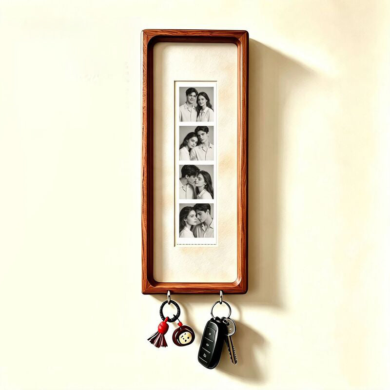 Wooden Couple Photo Frame with Key Hooks – Wall Hanging Picture Frame, Vintage Stripes Key Rack, Anniversary Gift