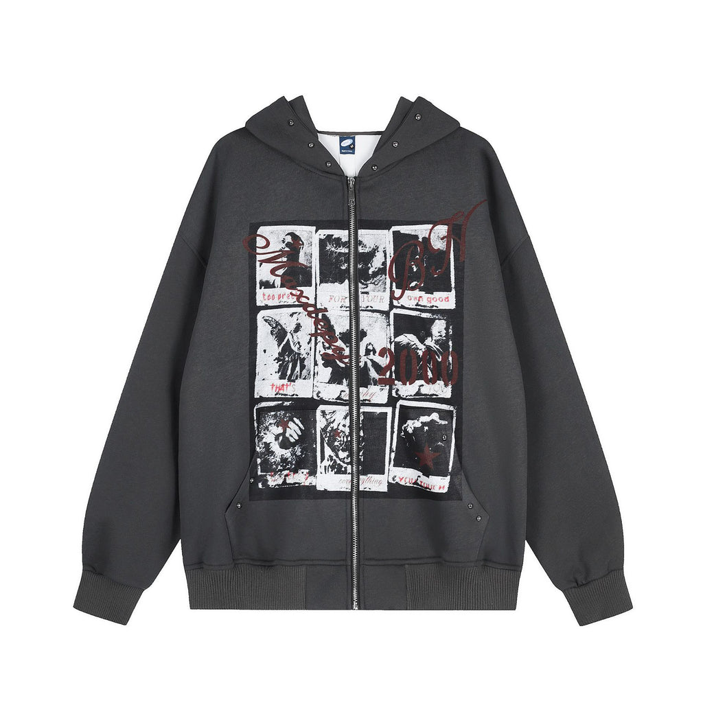 Print Zip Up Hooded Oversized Drop Shoulder Casual Unisex Sweatshirt Jacket