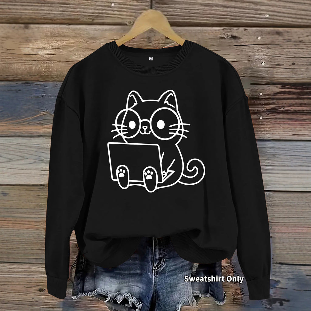 Loose velvet cartoon cat print hoodie