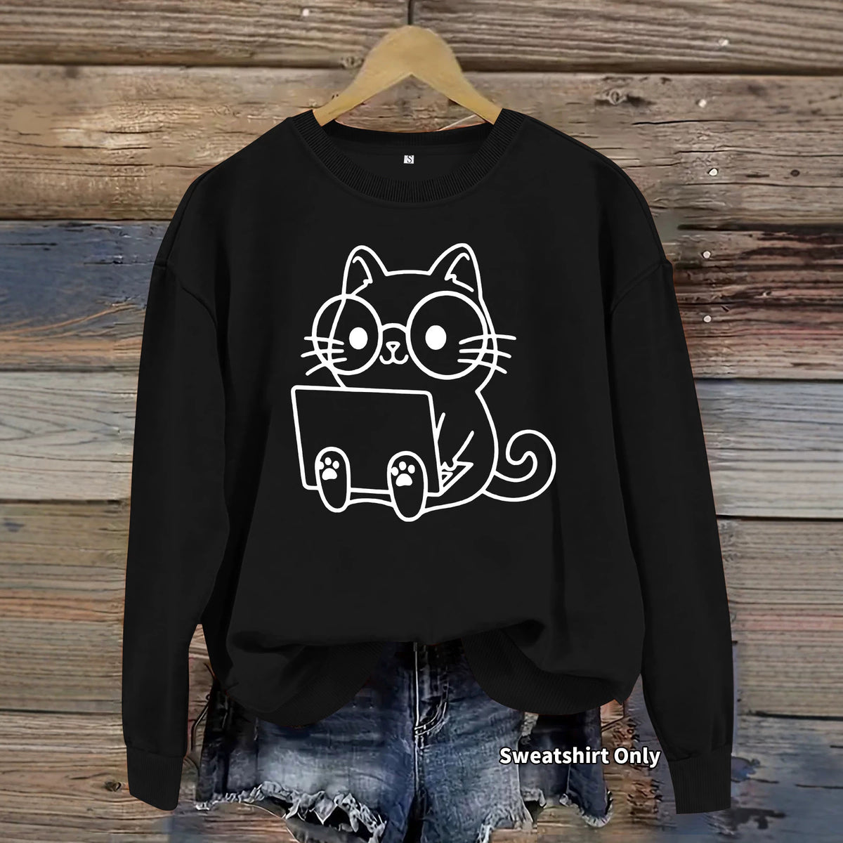 Loose velvet cartoon cat print hoodie