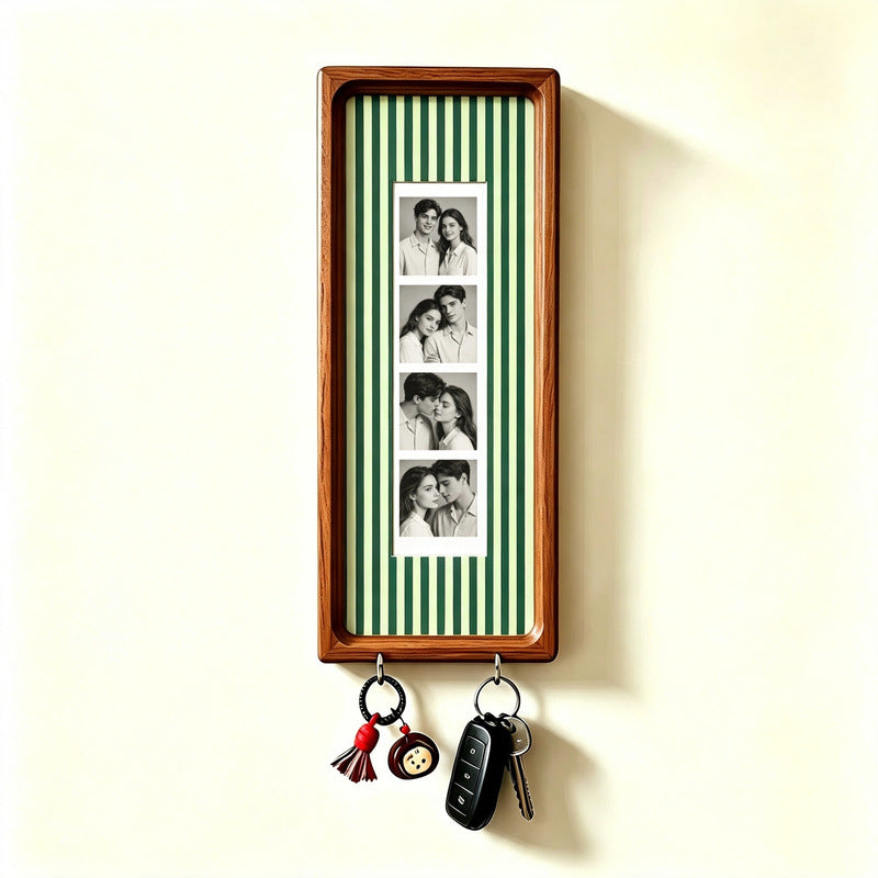 Wooden Couple Photo Frame with Key Hooks – Wall Hanging Picture Frame, Vintage Stripes Key Rack, Anniversary Gift
