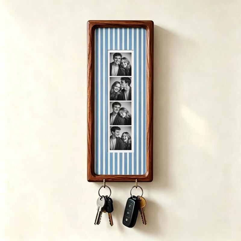 Wooden Couple Photo Frame with Key Hooks – Wall Hanging Picture Frame, Vintage Stripes Key Rack, Anniversary Gift