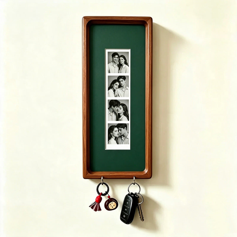 Wooden Couple Photo Frame with Key Hooks – Wall Hanging Picture Frame, Vintage Stripes Key Rack, Anniversary Gift