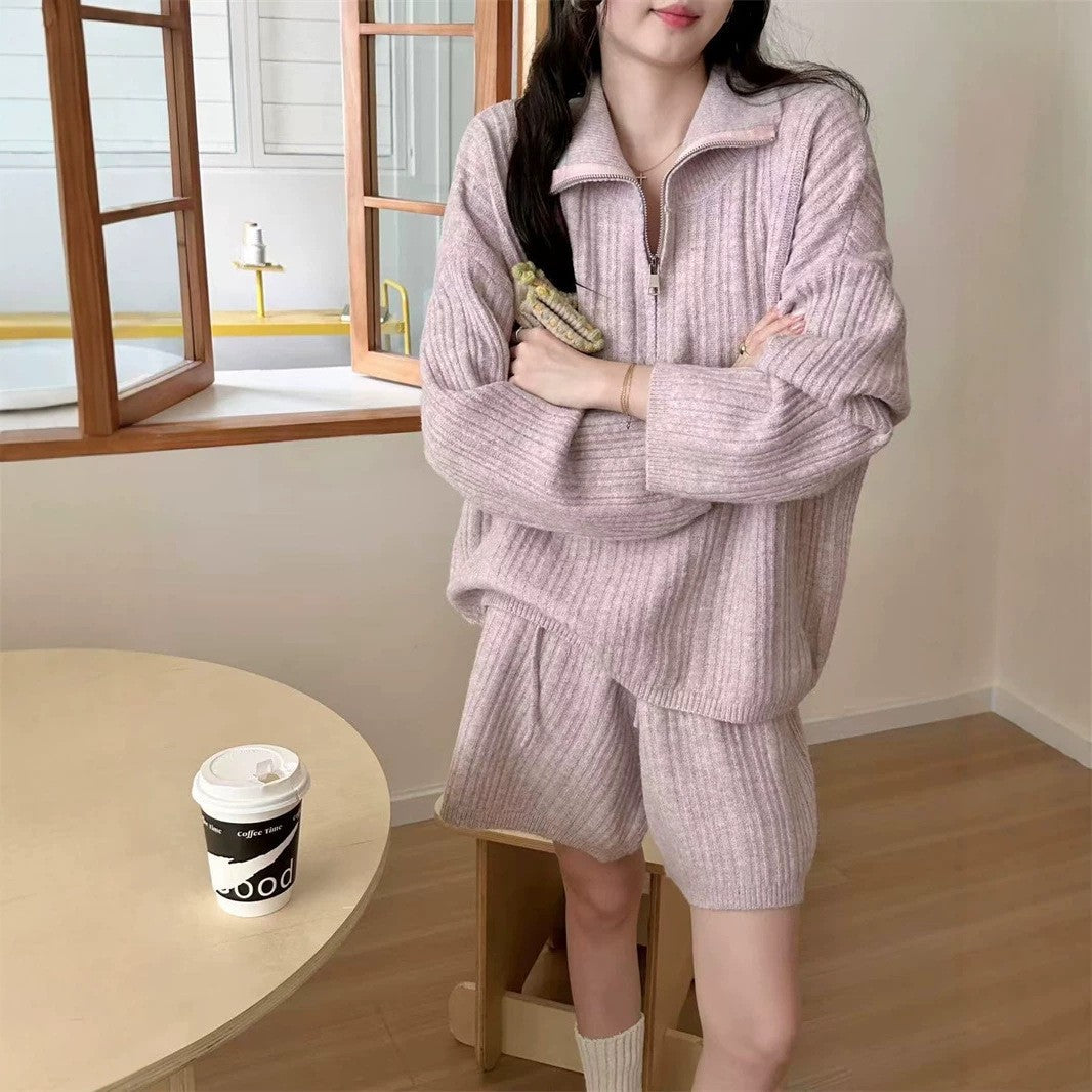 Half open collar zipper pullover sweater shorts two-piece set