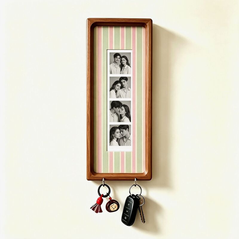 Wooden Couple Photo Frame with Key Hooks – Wall Hanging Picture Frame, Vintage Stripes Key Rack, Anniversary Gift