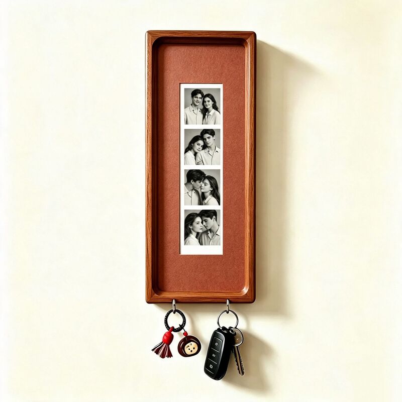 Wooden Couple Photo Frame with Key Hooks – Wall Hanging Picture Frame, Vintage Stripes Key Rack, Anniversary Gift