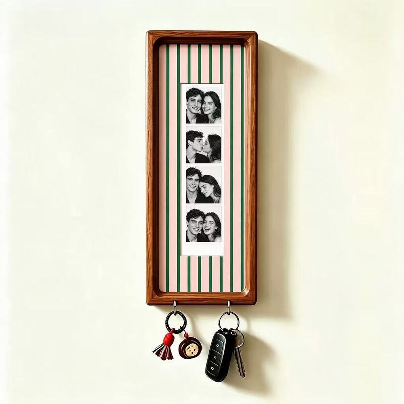 Wooden Couple Photo Frame with Key Hooks – Wall Hanging Picture Frame, Vintage Stripes Key Rack, Anniversary Gift