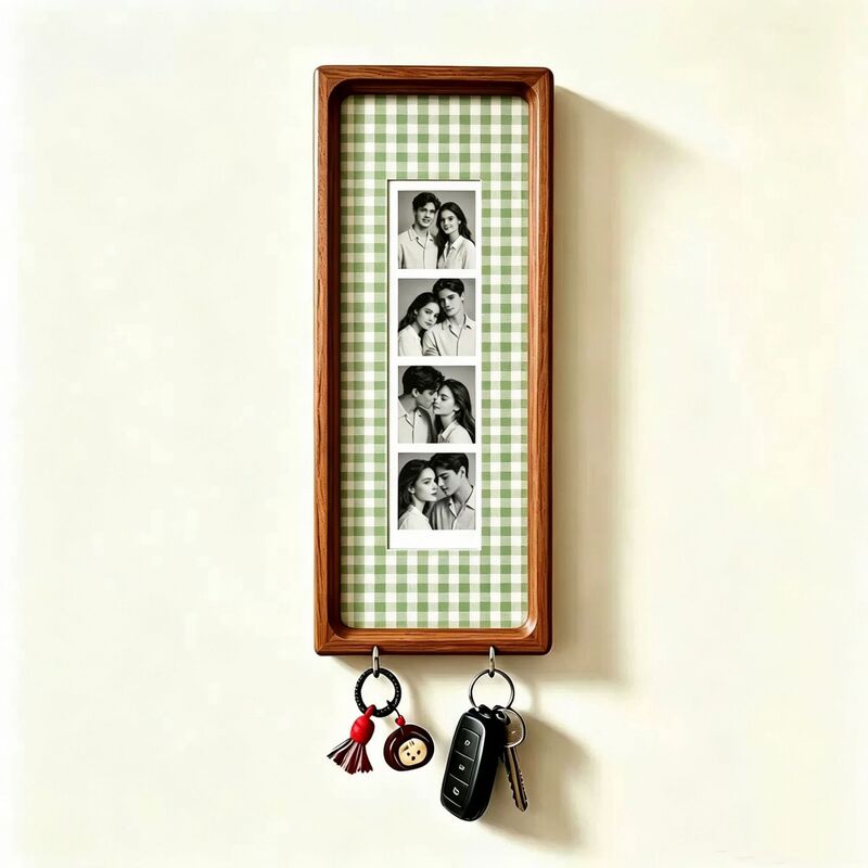 Wooden Couple Photo Frame with Key Hooks – Wall Hanging Picture Frame, Vintage Stripes Key Rack, Anniversary Gift
