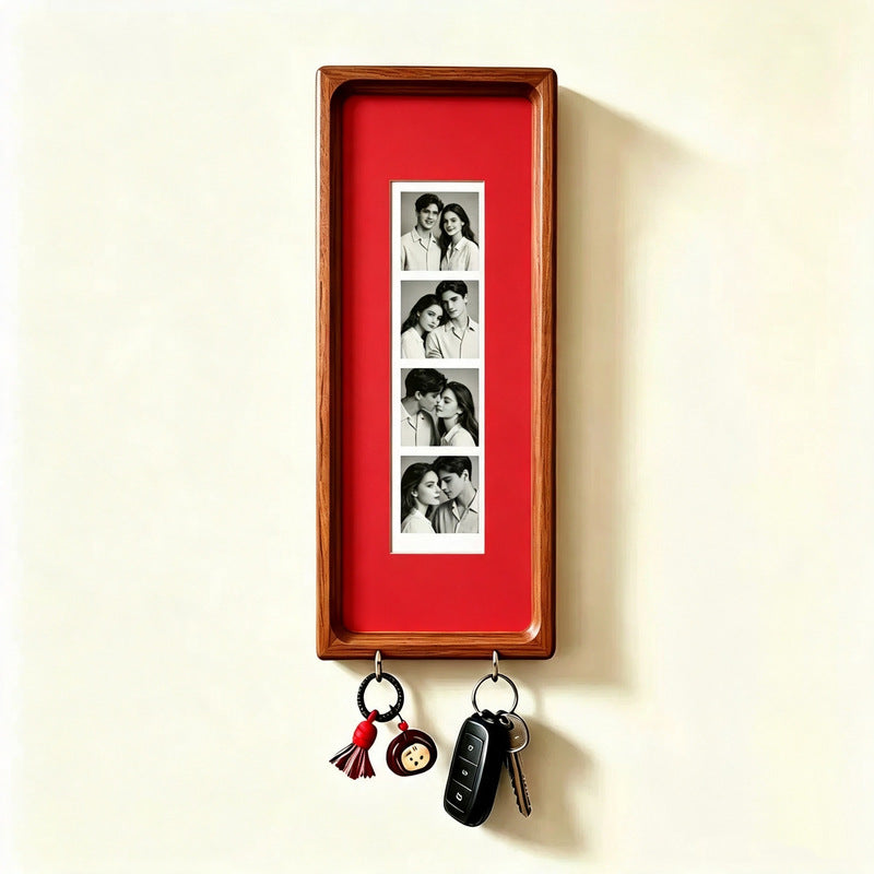 Wooden Couple Photo Frame with Key Hooks – Wall Hanging Picture Frame, Vintage Stripes Key Rack, Anniversary Gift