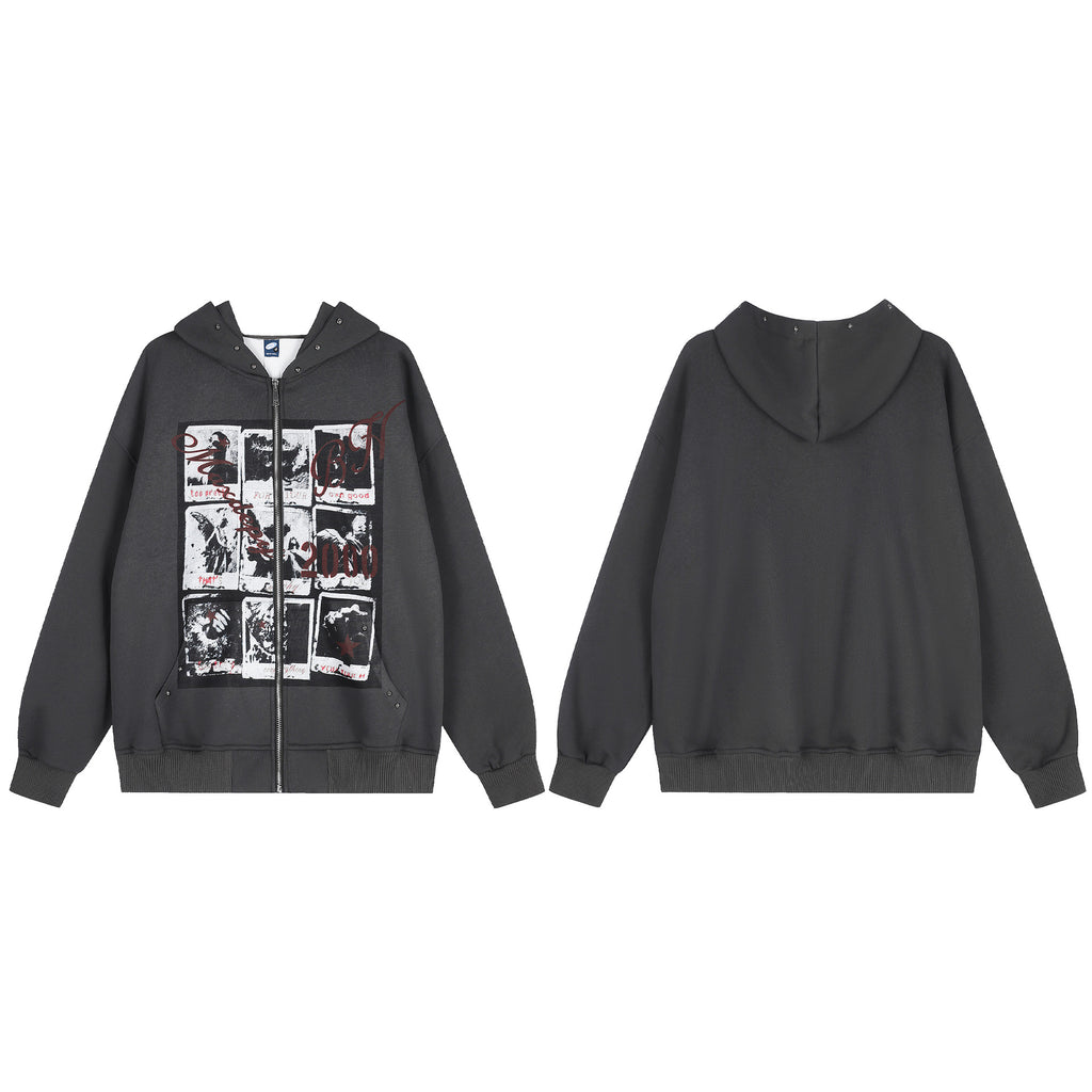 Print Zip Up Hooded Oversized Drop Shoulder Casual Unisex Sweatshirt Jacket