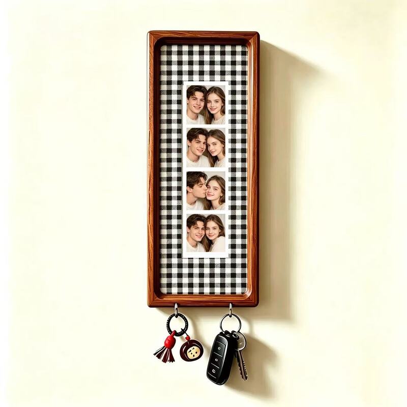 Wooden Couple Photo Frame with Key Hooks – Wall Hanging Picture Frame, Vintage Stripes Key Rack, Anniversary Gift