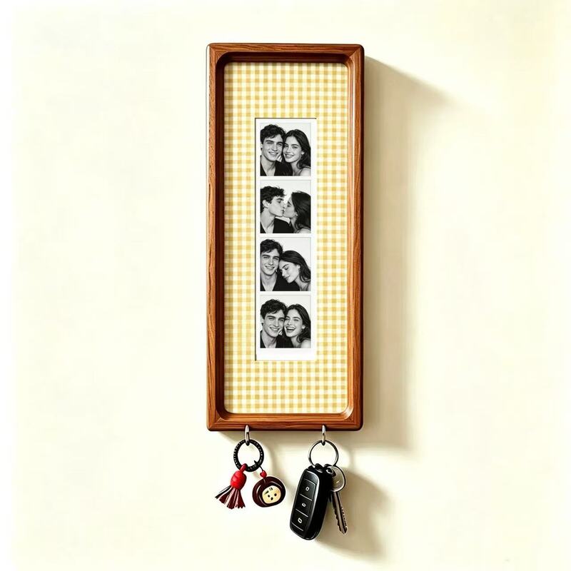 Wooden Couple Photo Frame with Key Hooks – Wall Hanging Picture Frame, Vintage Stripes Key Rack, Anniversary Gift