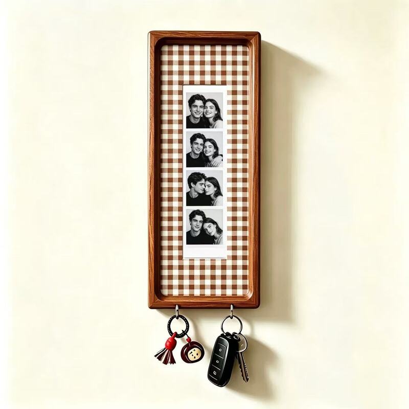 Wooden Couple Photo Frame with Key Hooks – Wall Hanging Picture Frame, Vintage Stripes Key Rack, Anniversary Gift