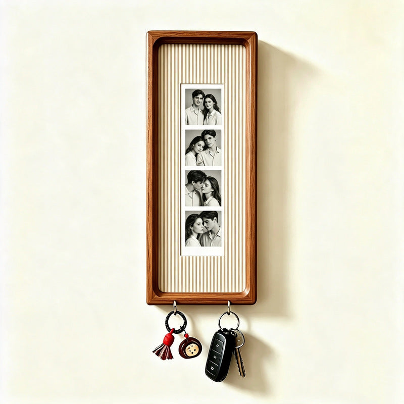 Wooden Couple Photo Frame with Key Hooks – Wall Hanging Picture Frame, Vintage Stripes Key Rack, Anniversary Gift